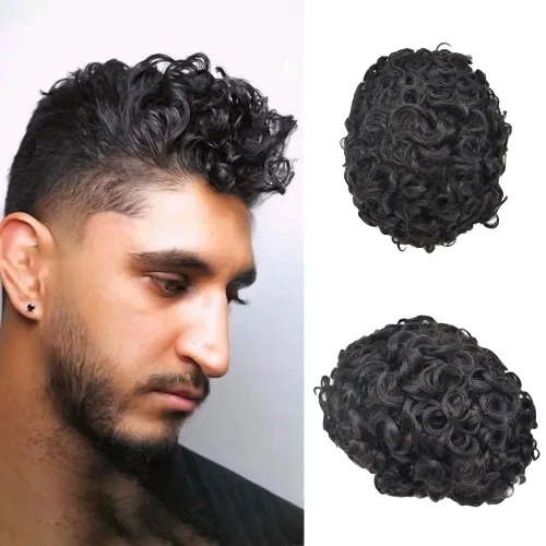 Vista 15 de Afro Toupee Hair Piece para hombres negros Encaje suizo completo Afro Hombres Toupee cabello humano rizado hombres onda unidades de cabello