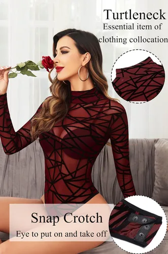 Vista 2 de Avidlove Body de manga larga para mujer, cuello alto, malla transparente, leotardos con estampado geográfico