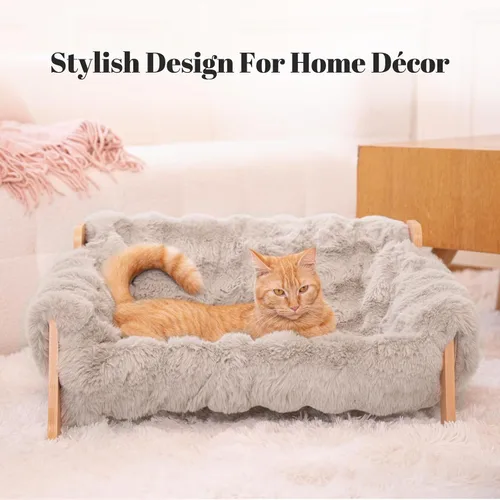 Vista 2 de CHEERHOME PETS Sofá cama elevada para gatos de interior, sofá de madera para gatos con funda extraíble lavable y esponjosa, sillón elevado para Sofá