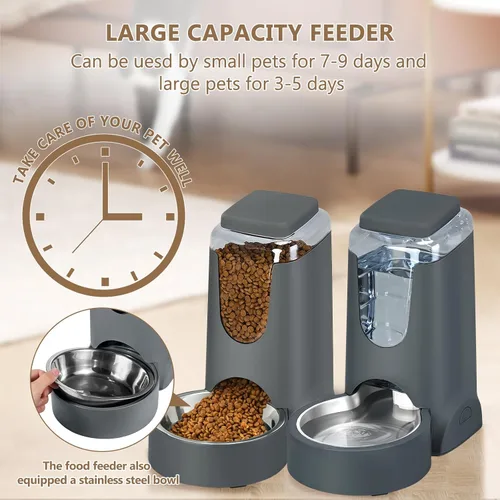 Vista 5 de Comedero y dispensador de agua automático para gatos con cuenco de acero inoxidable, comedero por gravedad para perros y bebedero para mascotas