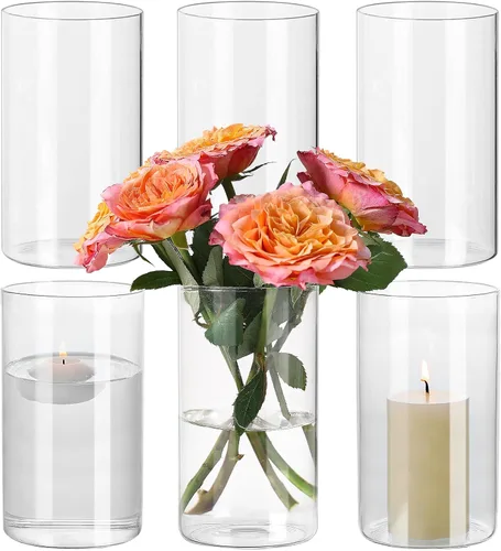 Vista 9 de SUPMIND - Jarrones cilíndricos de vidrio, 6 piezas para centros de mesa, jarrón corto de 5 pulgadas Glass Clear Flower Vases Bulk, Hurricane