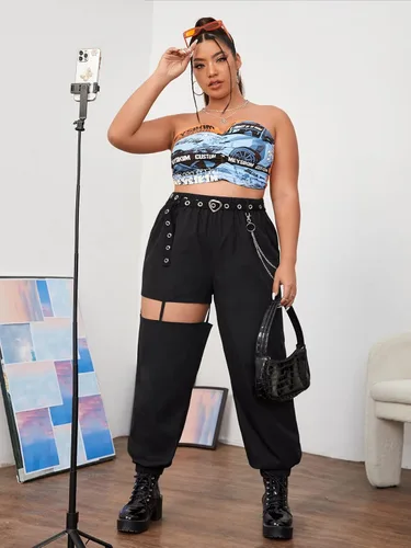 Vista 5 de WDIRARA Pantalones cónicos para mujer, talla grande, detalle de cadena, con ojales, con cinturón
