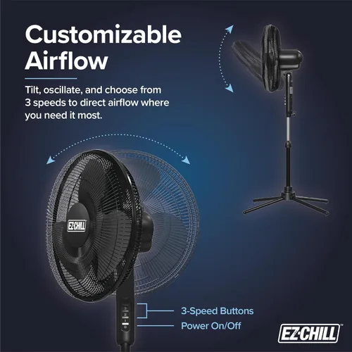 Vista 7 de EZ-Chill Ventilador de pie oscilante de 16 pulgadas, opciones de 3 velocidades, cabezal oscilante de 90 grados, altura y inclinación ajustables