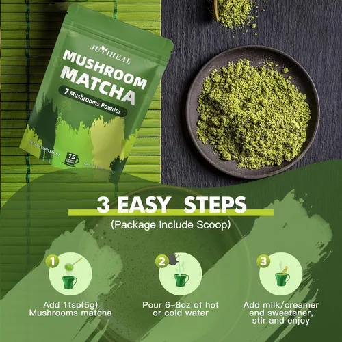 Vista 5 de JUYIHEAL Matcha de hongos Matcha ceremonial japonés infundido con 7 hongos superalimentos, aceite MCT, leche de coco en polvo Energía, enfoque