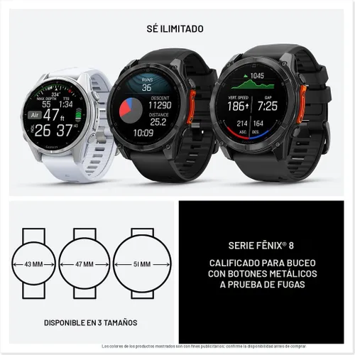 Vista 8 de Garmin fēnix® 8 – 47 mm, AMOLED, Zafiro, Smartwatch GPS Multisport Premium, Vida Útil de Batería Larga, Certificado para Buceo, Linterna LED