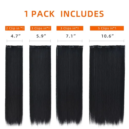 Vista 6 de Extensión de cabello negro oscuro, extensiones de cabello con clip de 22 pulgadas