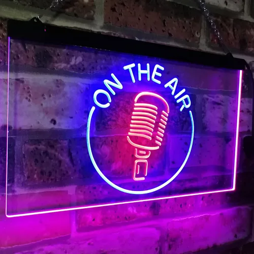 Vista 12 de ADVPRO - cartel de neón para estudio de grabación, LED, con micrófono y rótulo «On the air» azul y Red