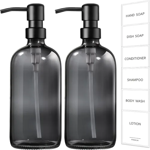 Vista 10 de Dispensador de jabón de vidrio ámbar GMISUN, juego de 2 dispensadores de jabón de mano para baño con bomba de acero inoxidable, juego de dispensador