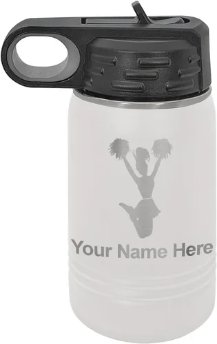 Vista 28 de LaserGram Botella de agua con tapa abatible de doble pared de 12 onzas con pajita, animadora, grabado personalizado incluido (negro)