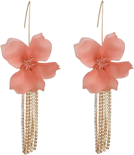 Vista 4 de Xerling Aretes colgantes de pétalos de flores bohemias cadena de diamantes de imitación de oro con borlas flecos de resina acrílica aretes florales