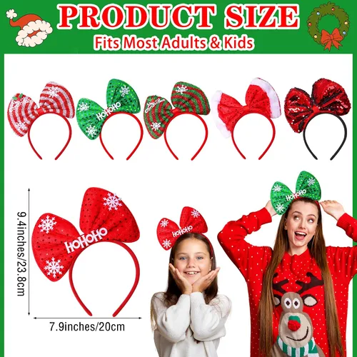 Vista 2 de Aneco Paquete de 6 diademas de lazo de Navidad, sombreros de fiesta, aro para el pelo, decoración de vacaciones, tocado para suministros de fiesta