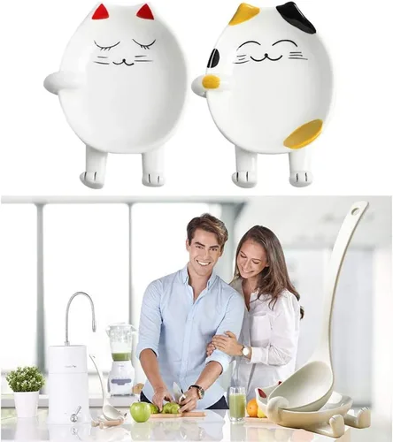 Vista 5 de Soporte de cuchara de cerámica multifuncional para cocina, con forma de gato, soporte para utensilios de cocina, soporte para tapa de olla, soporte