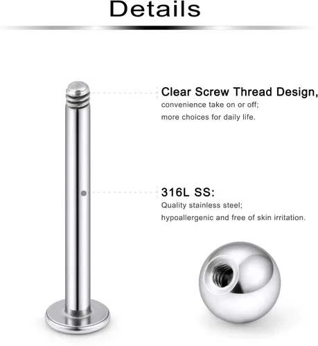 Vista 2 de Labret Barbell 24 piezas Monroe - Piercing para labio, hélice, tragus, cartílago, piercing de acero quirúrgico para mujeres y hombres, 20-12G