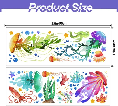 Vista 2 de Calcomanías de pared creativas 3D extraíbles bajo el mar, coloridas medusas y algas marinas, calcomanías de pared subacuáticas con vista al océano