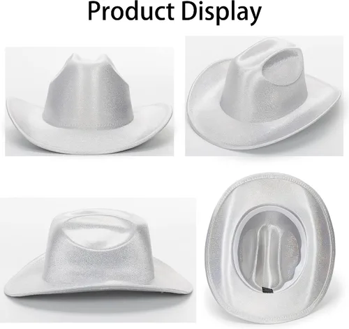 Vista 4 de Mealah Sombrero de vaquero holográfico brillante del oeste para mujer, sombrero de vaquera disco para boda, fiesta de disfraces musicales