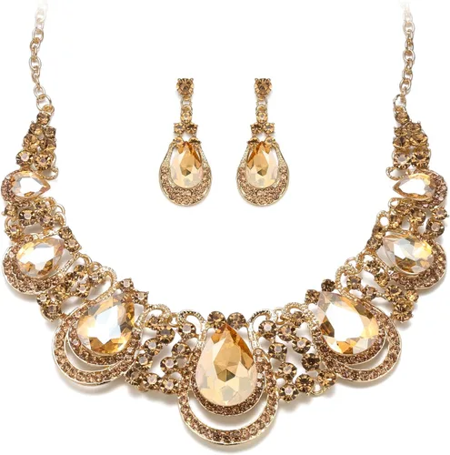 Vista 8 de Women's Costume Statement Necklace Dangle Earrings Set 05-Multicolor Tono Dorado