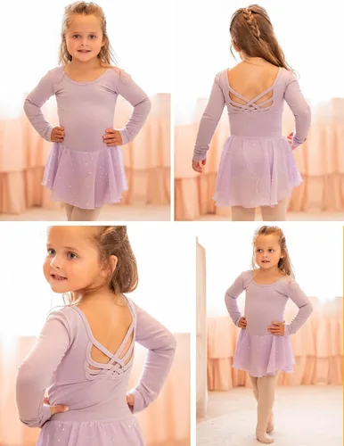 Vista 6 de Arshiner Leotardos de ballet de manga larga para niñas con faldas brillantes, vestidos de baile con espalda cruzada
