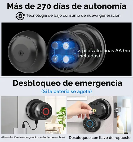 Vista 7 de Anweller Pomo de puerta inteligente con cerradura, teclado de código de huellas dactilares, entrada sin llave, electrónico, digital, biométrico
