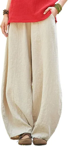 Vista 14 de Pantalones de lino y algodón holgados para mujer, con cintura elástica para relajarse. Pantalones estilo harén Verde militar
