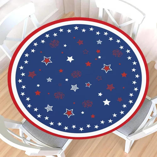 Vista 16 de Mantel redondo ajustable para el 4 de julio con borde elástico, impermeable, lavable, azul, rojo, blanco, estrella, patriótica, independencia, Día