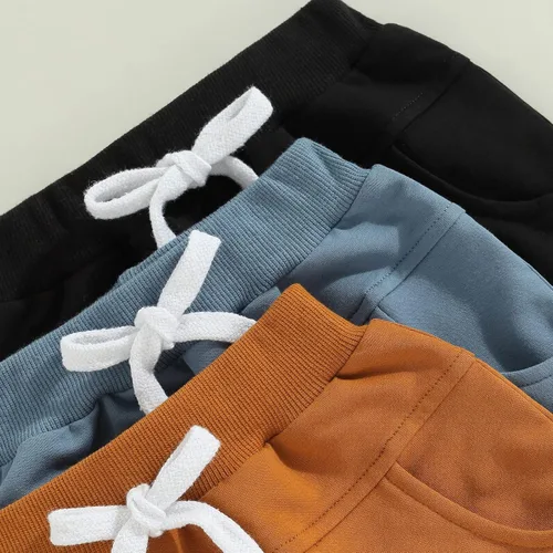 Vista 4 de Pantalones de otoño para bebé, paquete de 3 unidades, pantalones deportivos casuales con bolsillo sólido, cintura elástica, pantalones harén