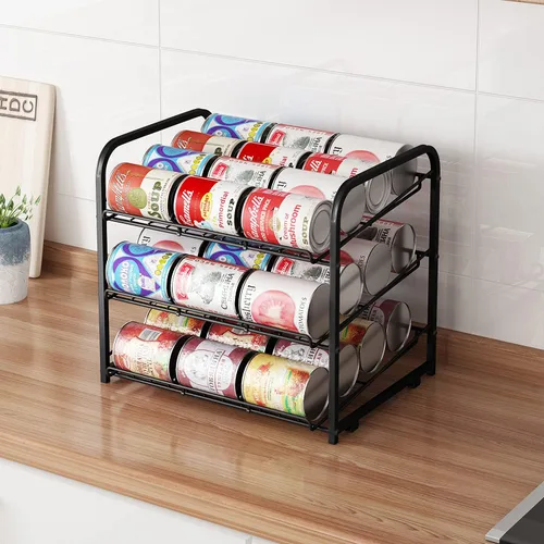 Vista 3 de Organizador de estantes para latas, dispensador apilable de 3 niveles para almacenamiento de latas, para almacenamiento de alimentos, cocina o Negro