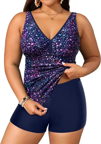 Vista 11 de Yonique Trajes de baño de talla grande para mujer con shorts, control de abdomen, tankini de dos piezas, traje de baño deportivo Aqua y flor azul