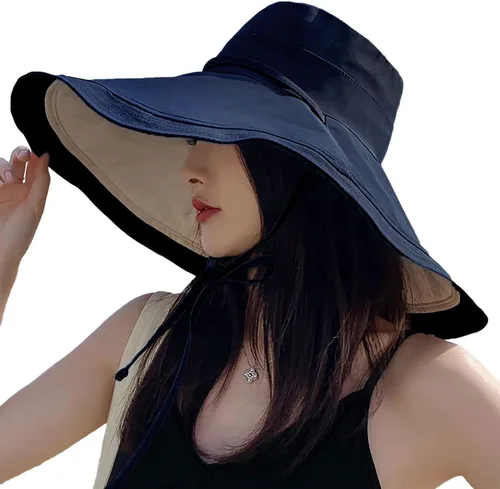 Vista 29 de Sombrero de sol de ala súper ancha para mujer, de algodón, plegable, reversible, con borde con cable, protección UV, verano, playa, viajes, jardín