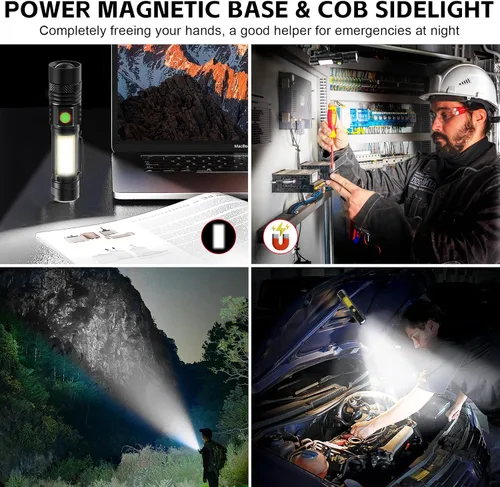 Vista 2 de ATDOALL Linterna LED recargable, linternas magnéticas USB con luz lateral de mazorca, pequeñas linternas tácticas, impermeable, zoomable, luz