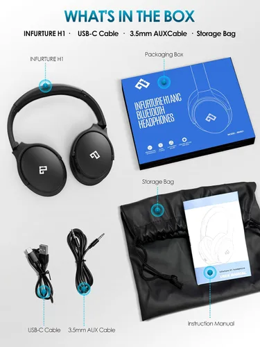 Vista 8 de INFURTURE Auriculares Over Ear con Cancelación Activa de Ruido, Auriculares Bluetooth Inalámbricos H1, Auriculares de Graves Profundos, Baja