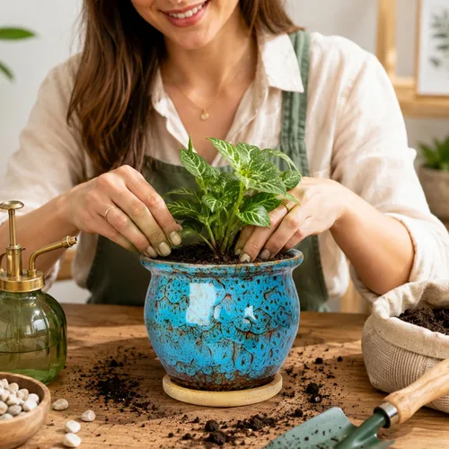 Vista 7 de ARTKETTY Macetas, macetas de cerámica de 4.5 pulgadas para plantas con drenaje, macetas pequeñas Azul