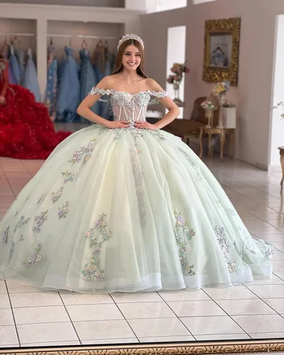 Vista 6 de Mouccy Vestido de quinceañera de encaje brillante perlado con cuentas dulces 16 vestido de baile de tul floral 3D fuera del hombro vestido de baile