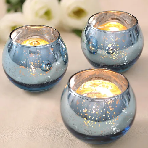 Vista 18 de Volens - Portavelas votivas redondas azules, juego de 12, decoraciones de mesa para centro de mesa de boda azul, portavelas de vidrio de mercurio