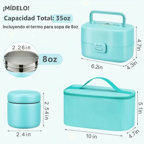 Vista 7 de Lonchera Bento para niños con termo de sopa de 8 onzas, 2 recipientes de alimentos a prueba de fugas, una bolsa de almuerzo, tarro de comida