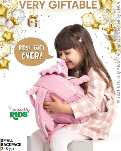 Vista 2 de Naturally KIDS Mochila para niños y niñas con animales de peluche, regalos para niños de 3, 4, 5, 6, 7 años, 04 Small Pink Triceratops, Viajar