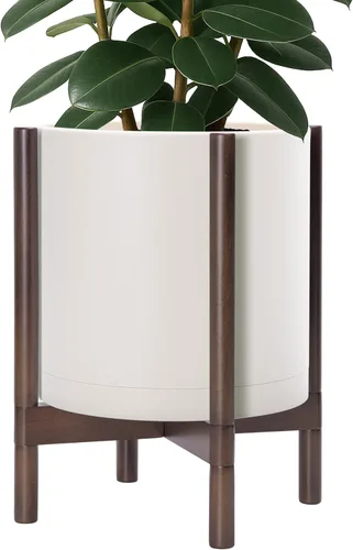 Vista 49 de Maceta de D'vine Dev con soporte - Maceta de flores de cilindro de plástico de 8.0 pulgadas con soporte de madera para interiores, maceta mate negra