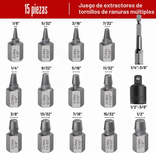 Vista 2 de Juego de 15 piezas de extractor de tornillos, kit de extractor de pernos fácil de quitar, kit de removedor de pernos de cabeza hexagonal de 3/8