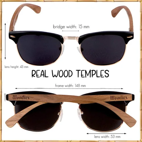 Vista 3 de Woodies Lentes de sol retro de madera de nogal semirrirrimless dorados para hombres y mujeres, lentes polarizados negros y marco de madera real