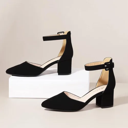 Vista 4 de Ankis Tacones cerrados para mujer, tacones puntiagudos negros nude, dorados, plateados, de bloque bajo, gruesos, con correa para el tobillo, 2.25