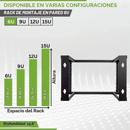 Vista 3 de NavePoint - Soporte de pared 6U de marco abierto para equipos de servidor de 19", rosca de 16", color negro
