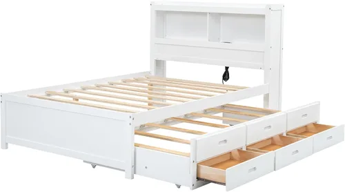 Vista 5 de VilroCaz Cama de plataforma multifunción de tamaño matrimonial con nido y cajones, plataforma de madera con cabecera de almacenamiento y enchufes