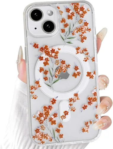 Vista 17 de NITITOP Funda magnética transparente compatible con iPhone 14 Plus/15 Plus, compatible con MagSafe lindas flores, hojas florales para mujeres