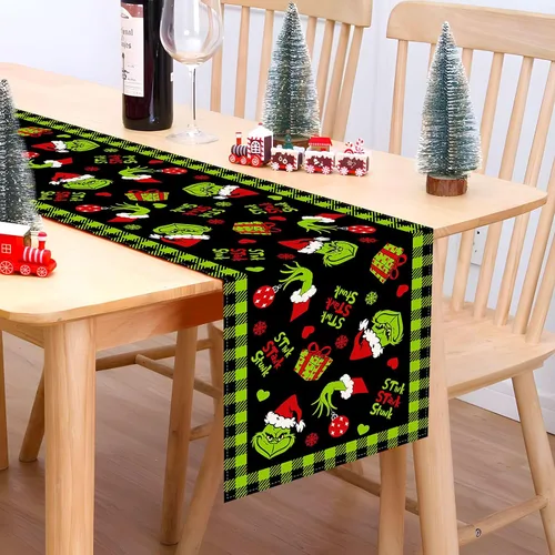 Vista 2 de Pudodo Camino de Mesa Navideño Feliz Navidad a Cuadros Búfalo Decoración de Fiesta de Vacaciones de Invierno Chimenea Cocina Comedor Decoración