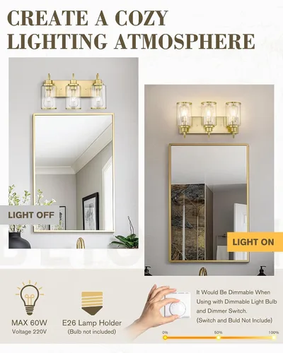 Vista 4 de Beionxii BX-VL01BG-3CG - Lámpara de tocador de baño, 3 lámparas doradas claras con pantalla de cristal transparente, accesorios de iluminación