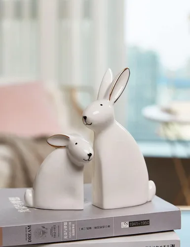 Vista 8 de SEINHIJO Estatua de conejo, escultura de conejo, decoración moderna, regalo de animales para el hogar, Pascua, oficina, cerámica, 5.9 pulgadas