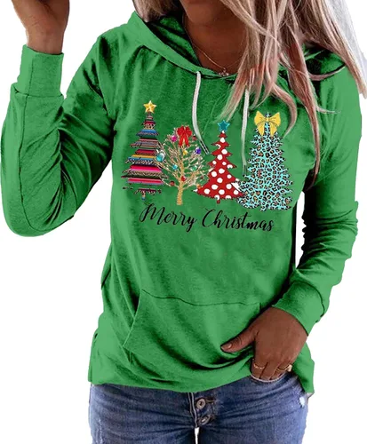 Vista 3 de LLHXRUI Sudadera de Navidad con diseño de árbol a cuadros y rayas para mujer, camiseta con bolsillo con capucha, manga larga, bloque de color Como