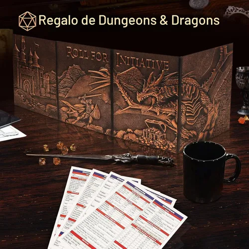 Vista 5 de DND DM Screen 5e, Pantalla de Dungeon Master de D&D 3D de Cuero Sintético de 4 Paneles Game Master Screen con Inserciones Personalizables