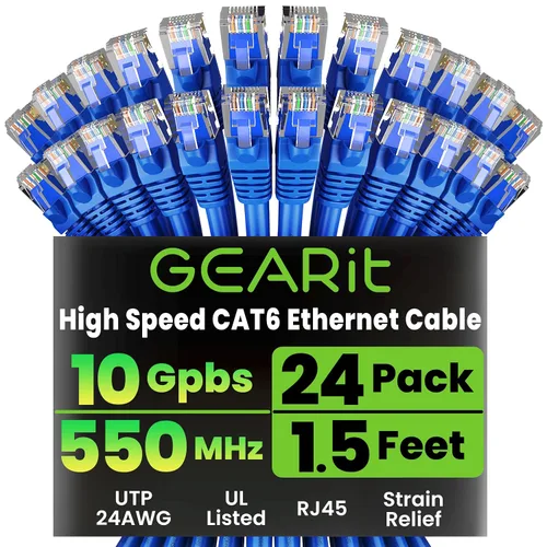 Vista 20 de GEARit Paquete de 24 cables Ethernet Cat6 de 0.5 pies Cable de conexión de red RJ45, conectores chapados en oro sin enganches de 10 Gbps, cable