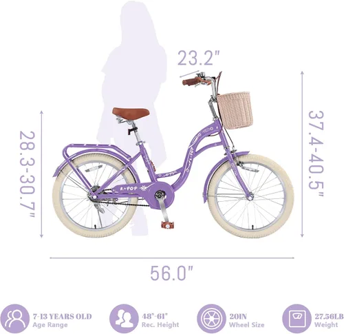 Vista 2 de 20 Inch Girls Bike Ages 8-12, 20 Inch Bike with Basket and Kickstand, Single Speed Girls Bikes Kids Bicycle with Front and Rear Brakes, Children