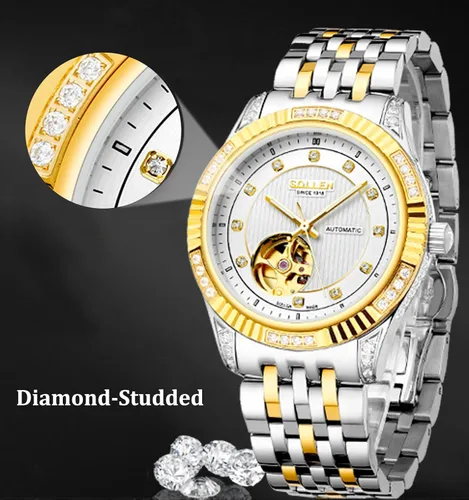 Vista 4 de SOLLEN Men's Skeleton Mechanical Watch, Classic and Business Automatic Mechanical Watch, Elegant Men's Wrist Watch